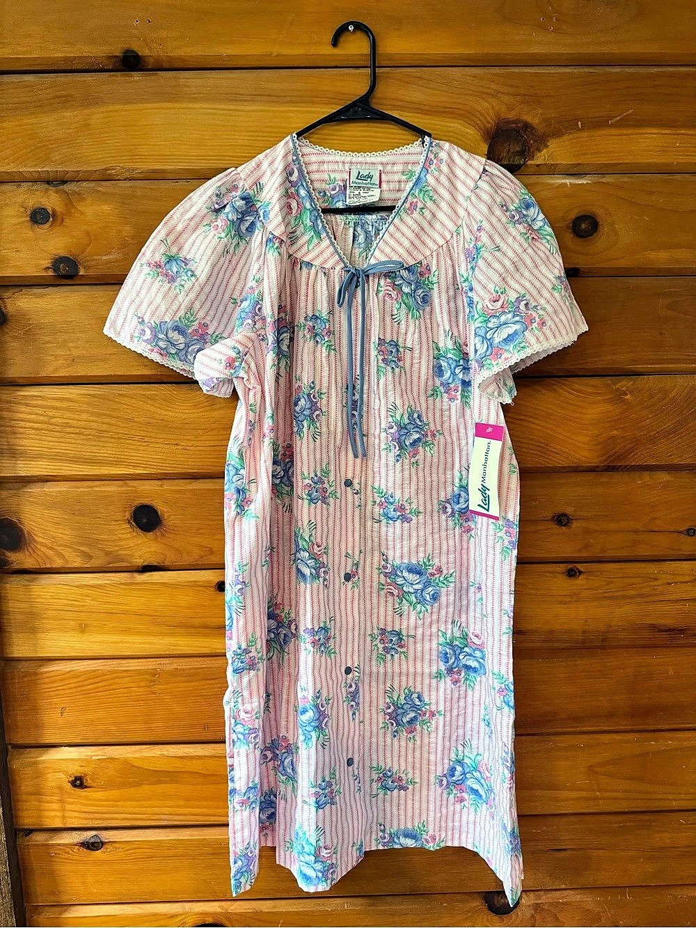 Lady Manhattan Floral Striped Mini Dress in Pink & Blue Size Large NWT Vintage